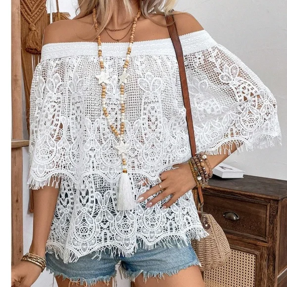 Boho White Lace Off Shoulder Blouse
